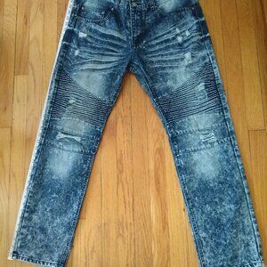 Men's Distressed Straight-Leg Jeans 38x32 Rugged Fit Ribbed Faded Denim Pants